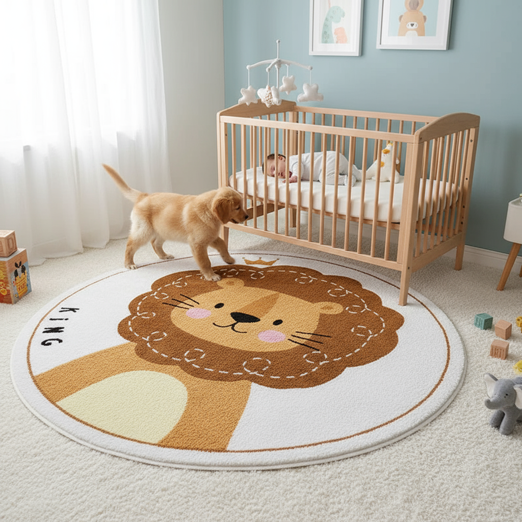Tapis bébé lion mignon rond pour chambre d'enfant