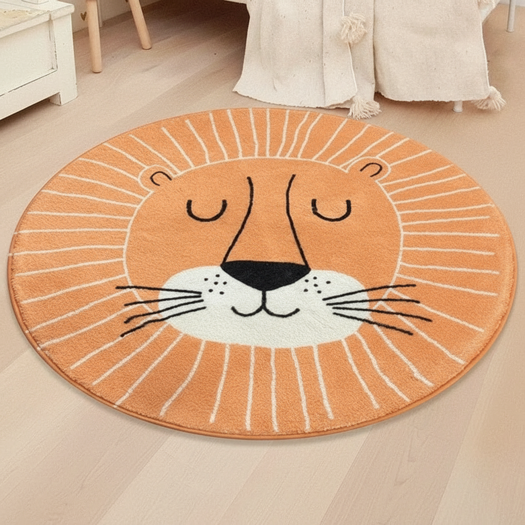 Tapis bébé lion orange rond pour chambre d'enfant