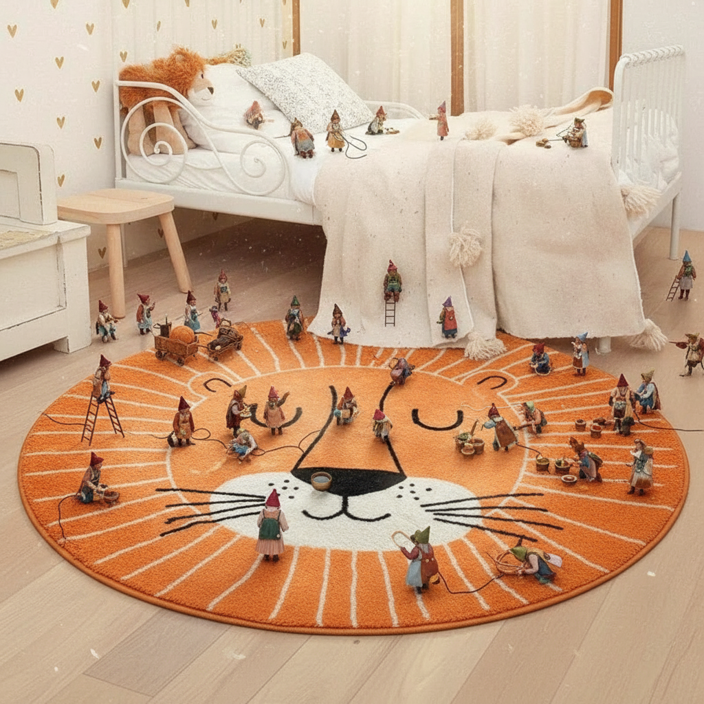 Tapis bébé lion orange rond pour chambre d'enfant