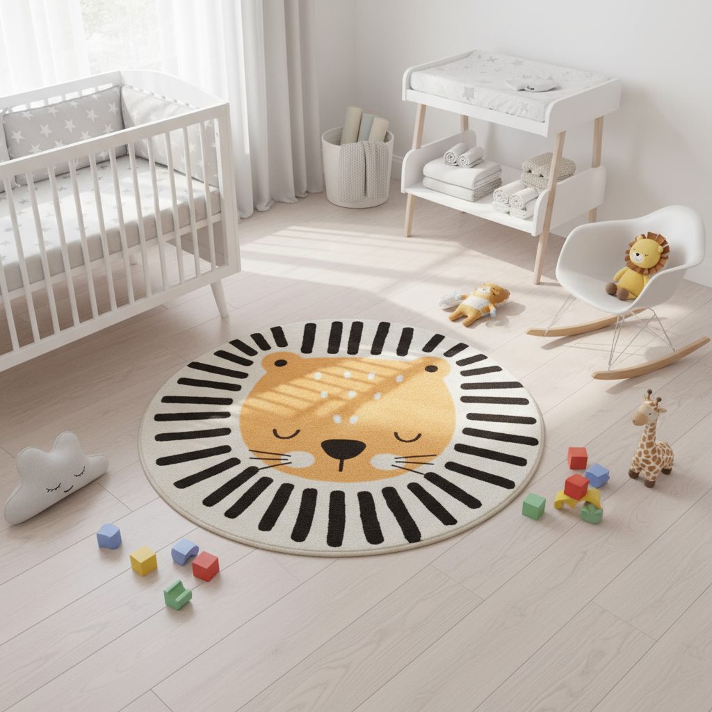 Tapis bébé lion rond pour chambre d'enfant - Design adorable et confortable