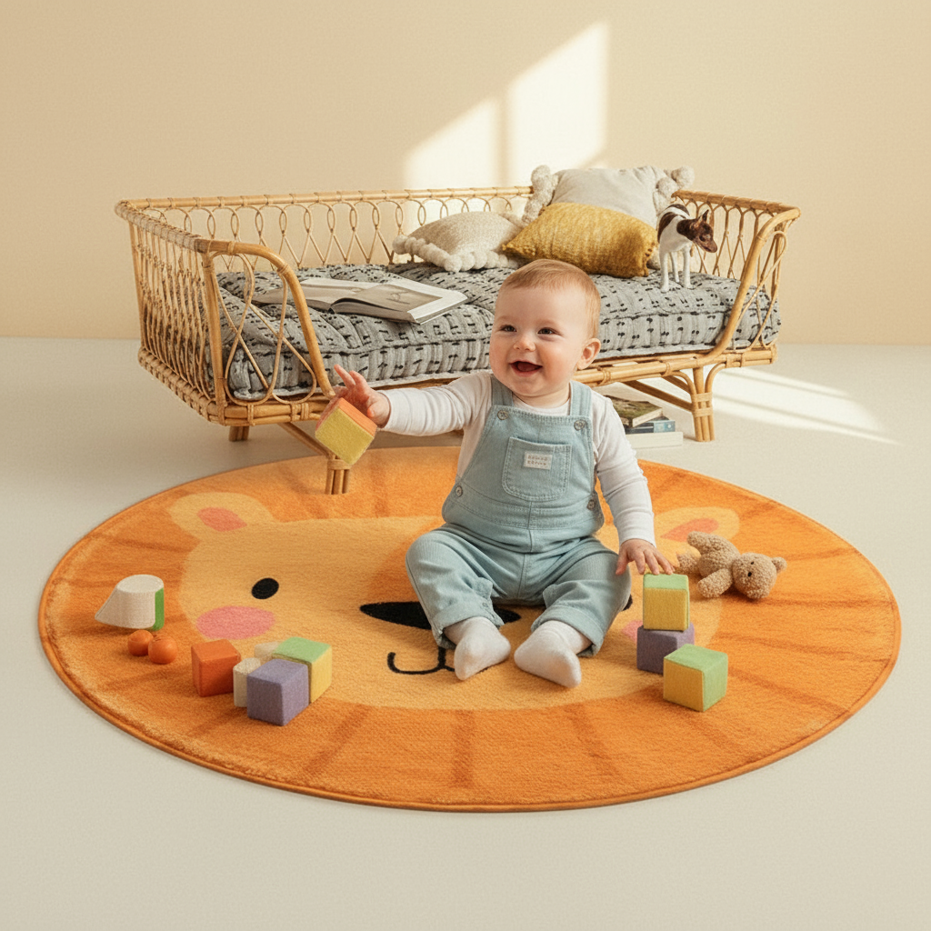 Tapis bébé lion rond - Tapis chambre bébé rond Lion souriant