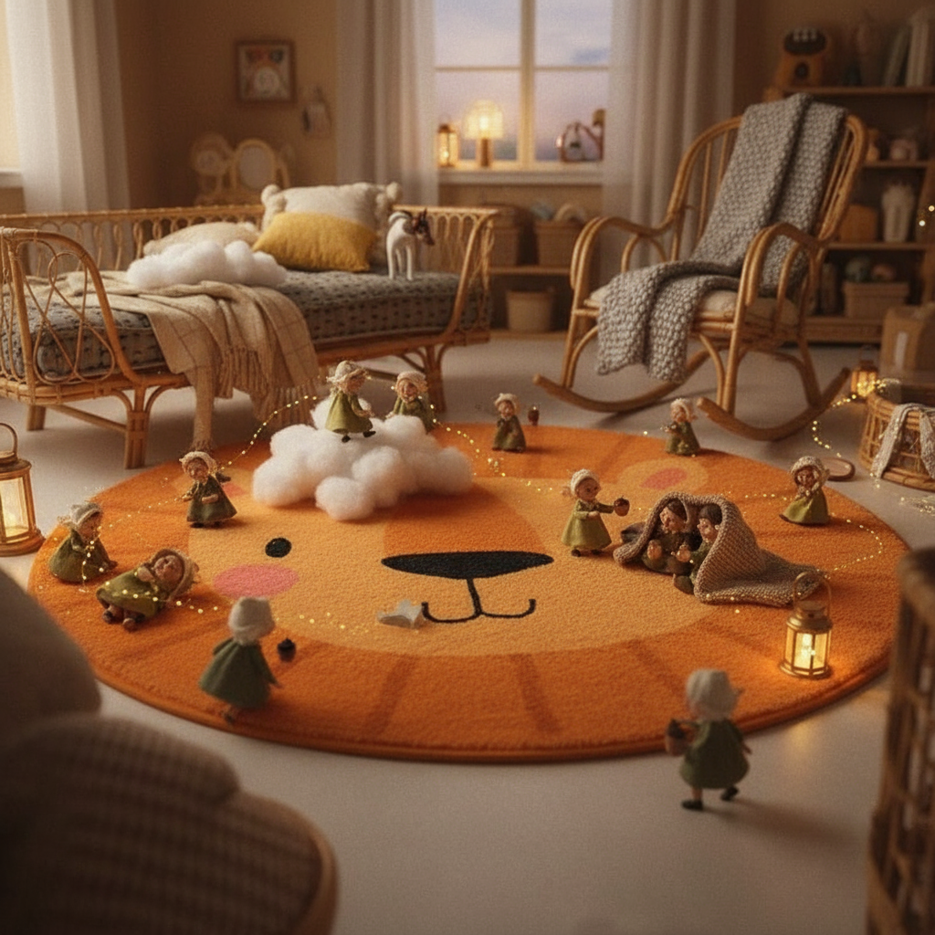 Tapis bébé lion rond - Tapis chambre bébé rond Lion souriant