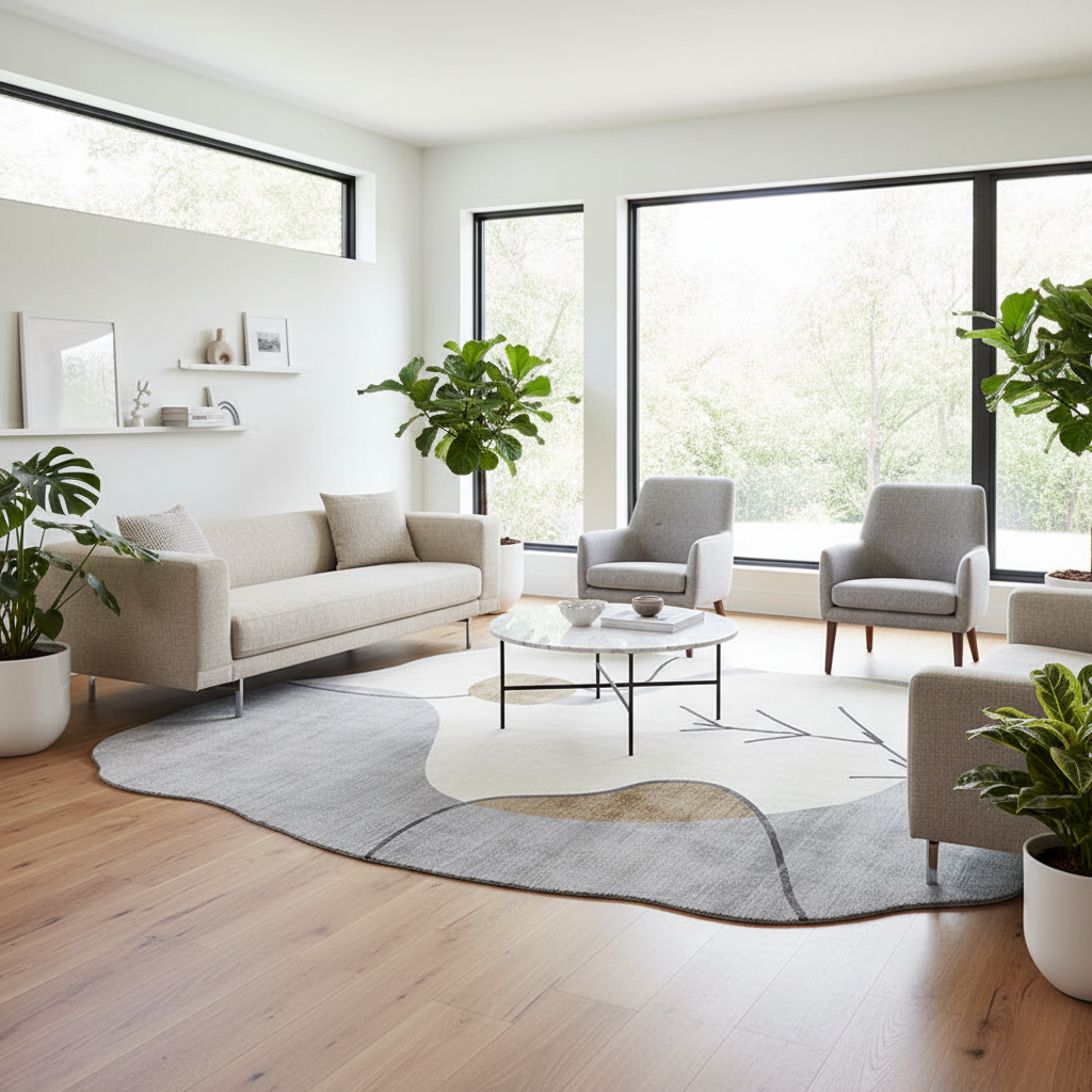 Tapis beige-gris artistique salon moderne éclairé