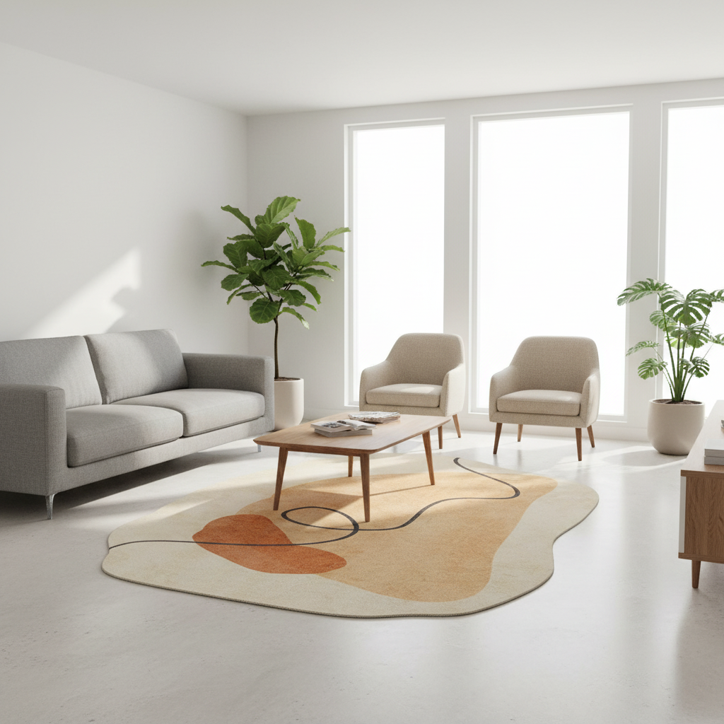 Tapis beige-terracotta artistique salon moderne éclairé