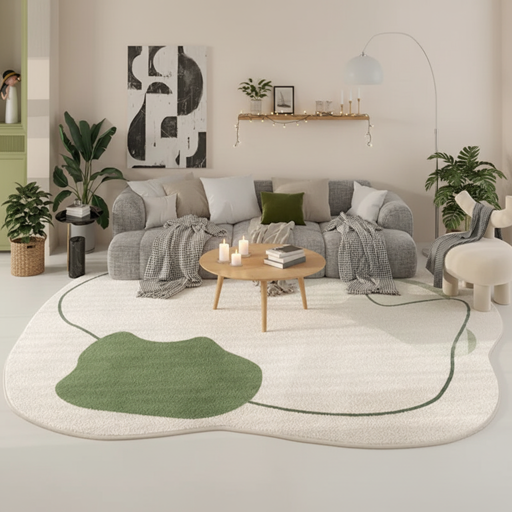 Tapis beige vert hygge format carré