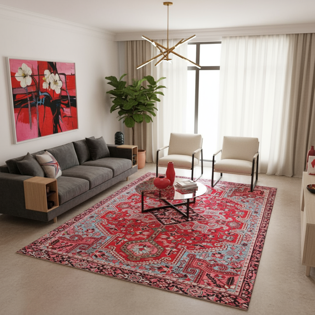 Tapis Berbère Rouge et Rose : Élégance Géométrique pour Votre Décor