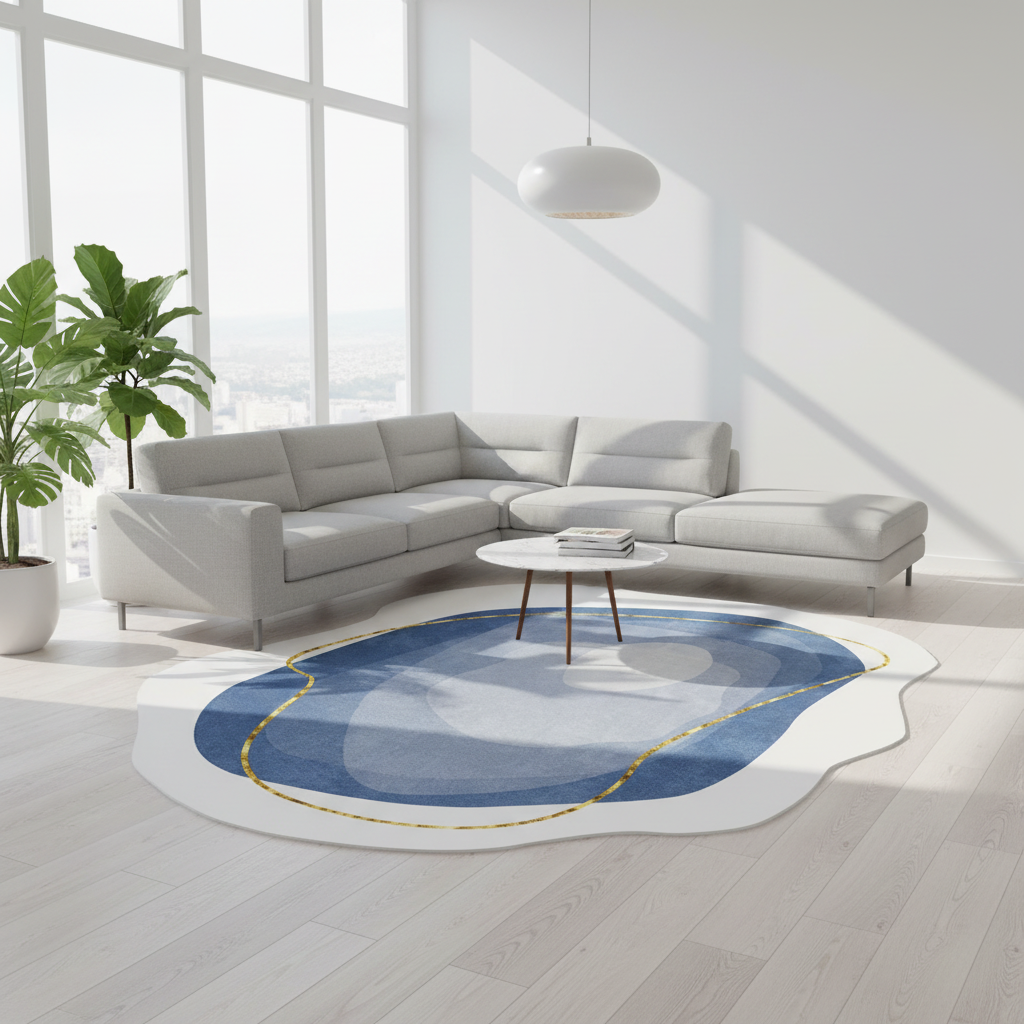 Tapis bleu artistique salon moderne éclairé