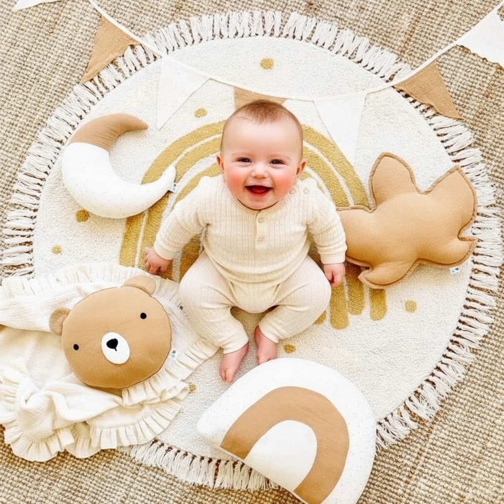 Tapis boho doré - bébé overhead