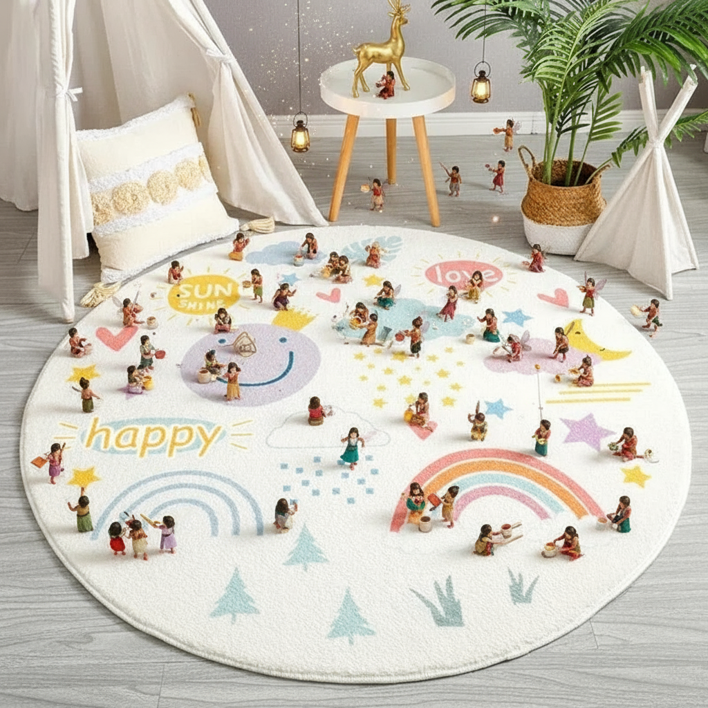 Tapis chambre bébé arc-en-ciel joyeuse rond