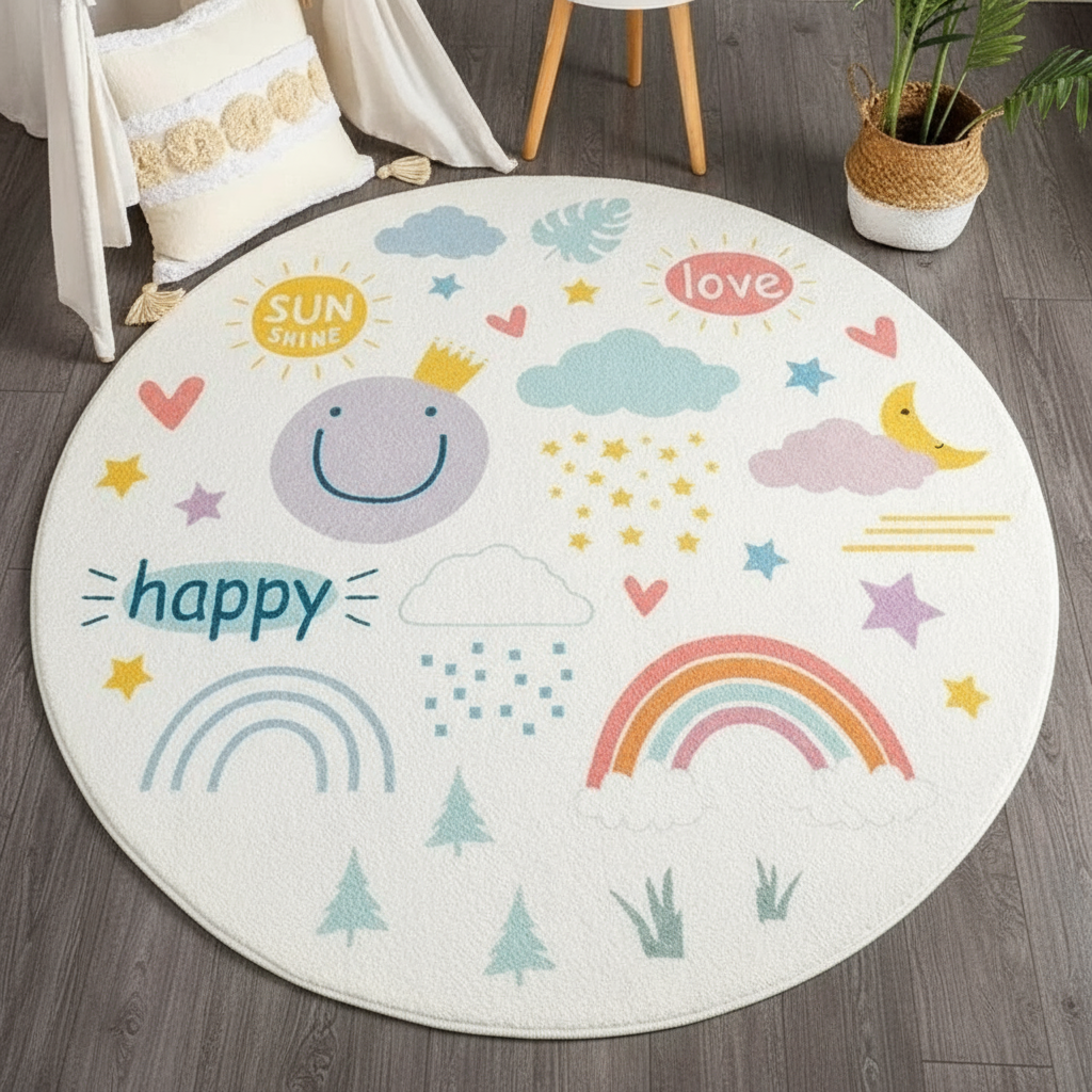 Tapis chambre bébé arc-en-ciel joyeuse rond