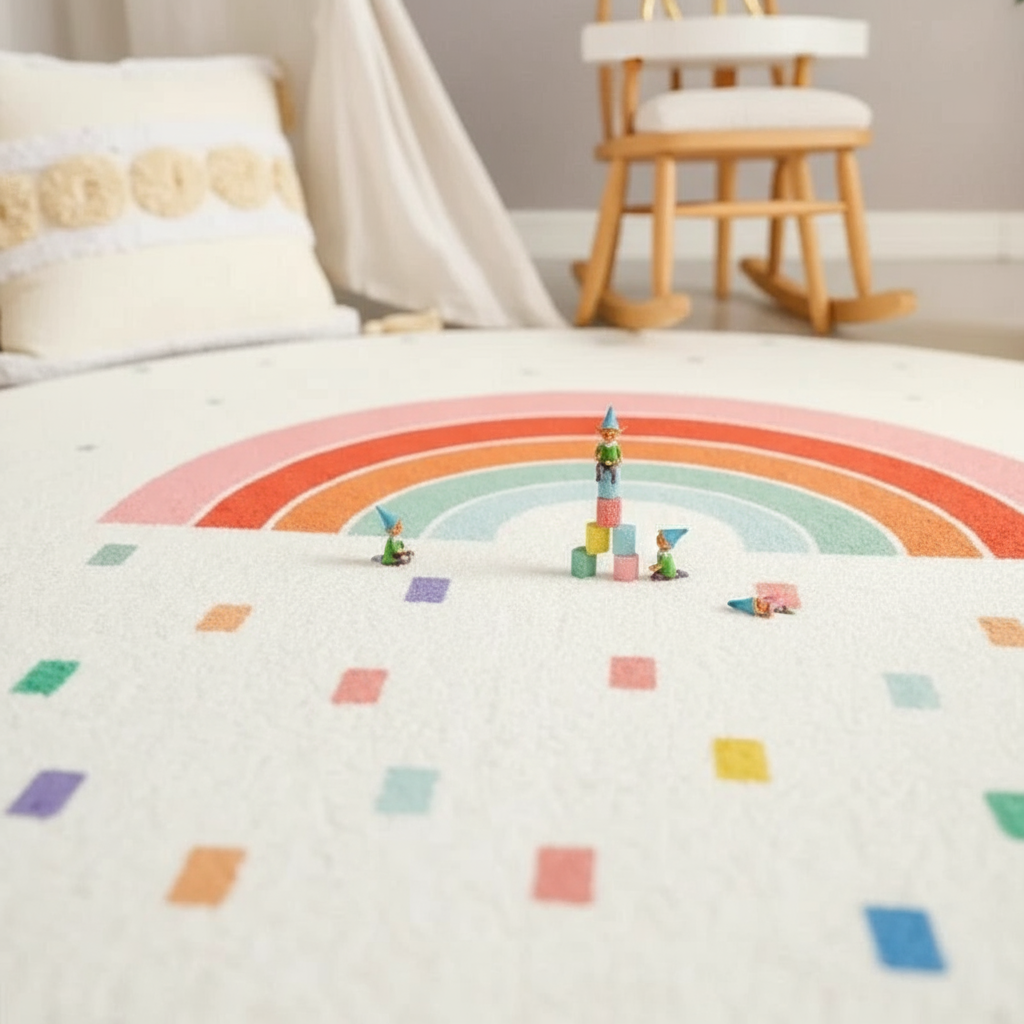 Tapis chambre bébé arc-en-ciel rond pour une décoration douce et colorée