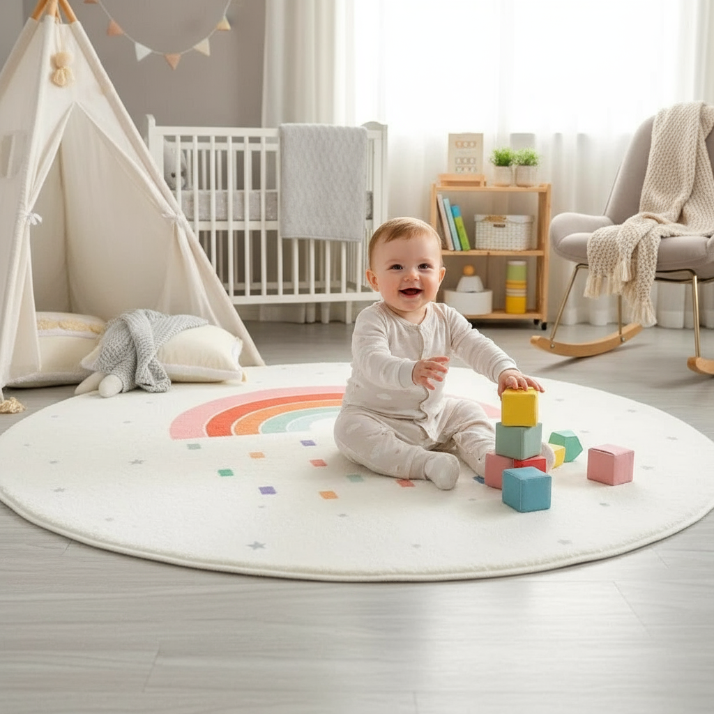 Tapis chambre bébé arc-en-ciel rond pour une décoration douce et colorée