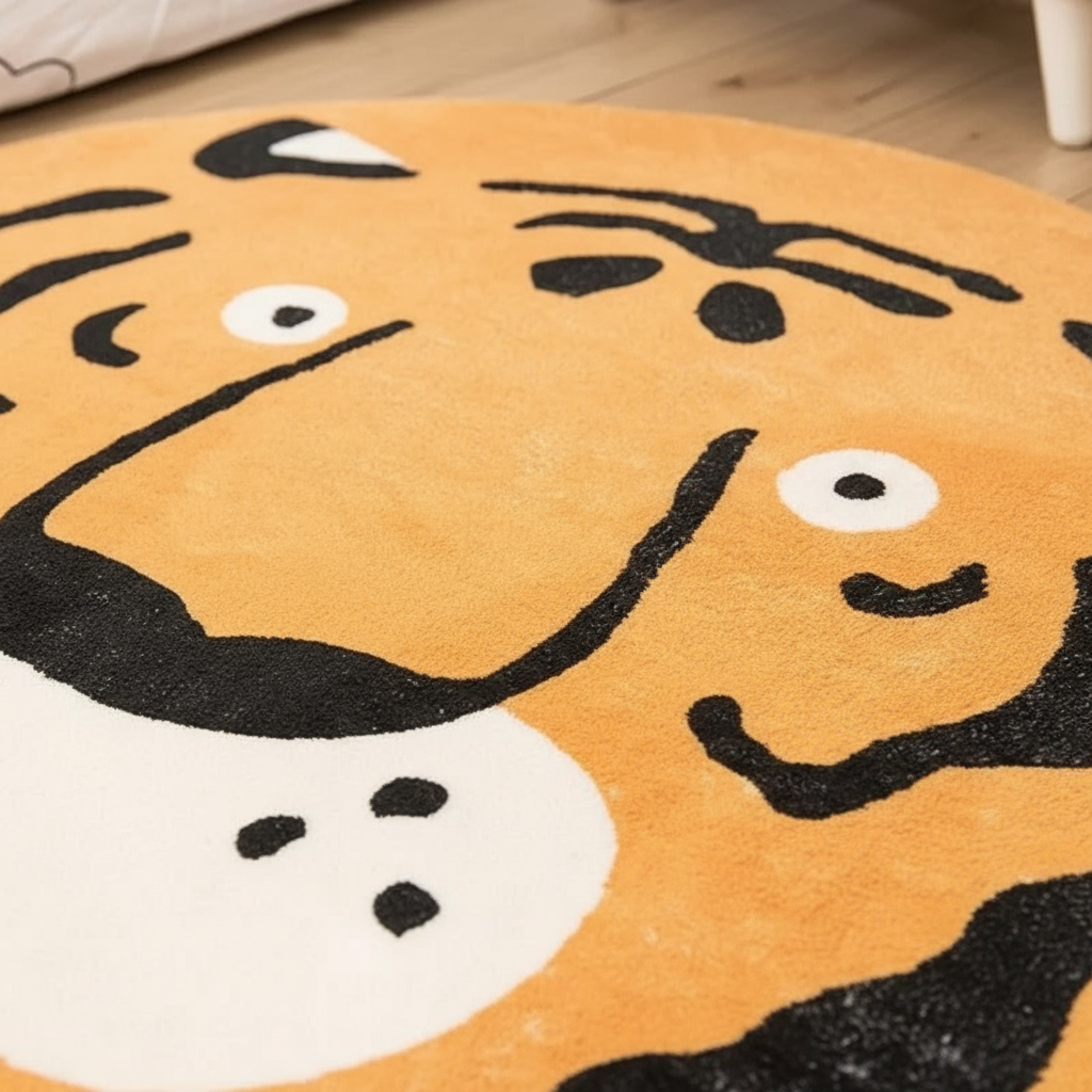 Tapis chambre bébé tigre rigolo rond pour une décoration ludique