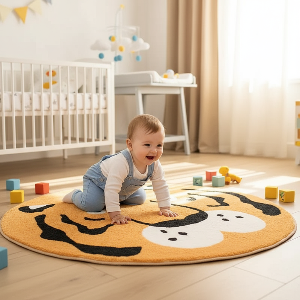 Tapis chambre bébé tigre rigolo rond pour une décoration ludique