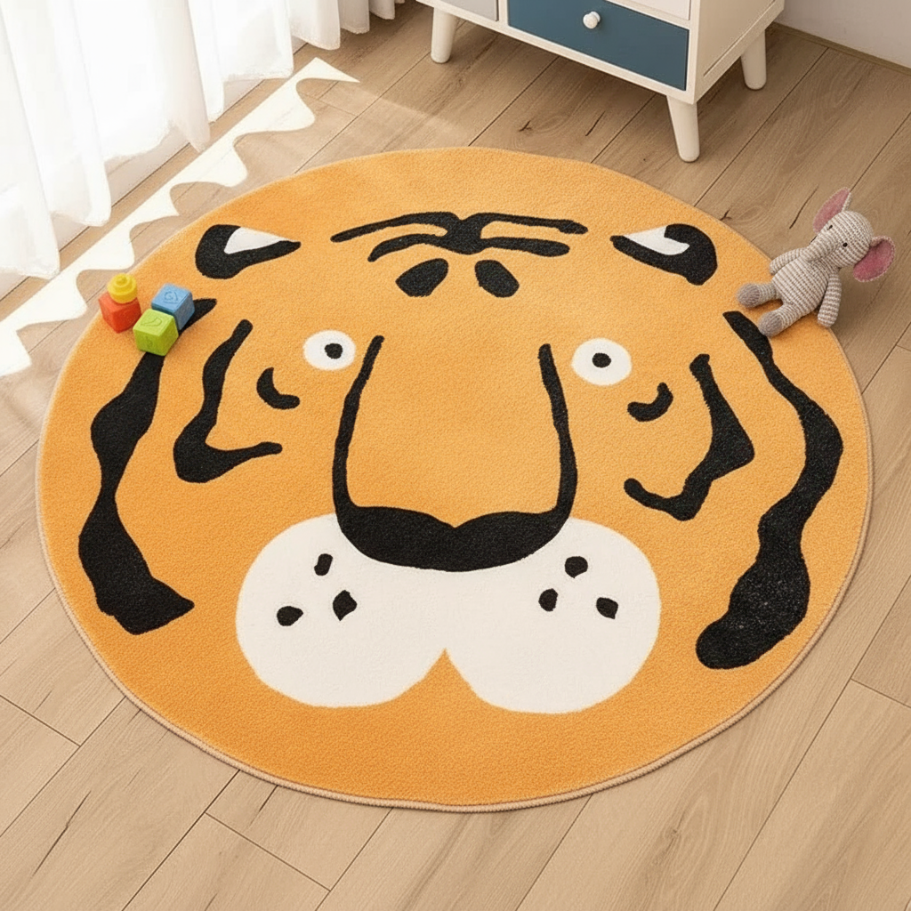 Tapis chambre bébé tigre rigolo rond pour une décoration ludique