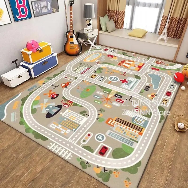 Tapis chambre d'enfant route de dessin animé gris