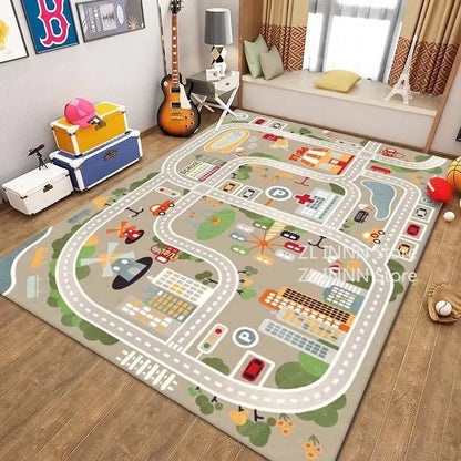 Tapis chambre d'enfant route de dessin animé gris