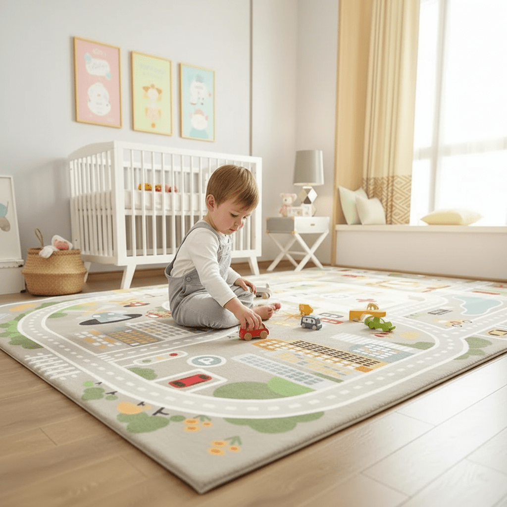 Tapis chambre d'enfant route de dessin animé gris