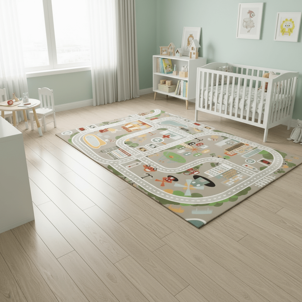 Tapis chambre d'enfant route de dessin animé gris