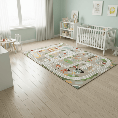 Tapis chambre d'enfant route de dessin animé gris