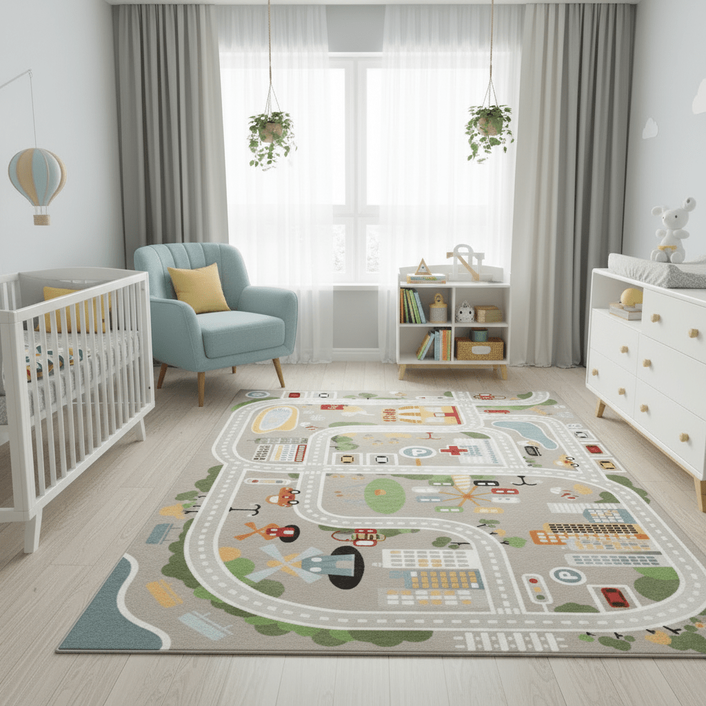 Tapis chambre d'enfant route de dessin animé gris