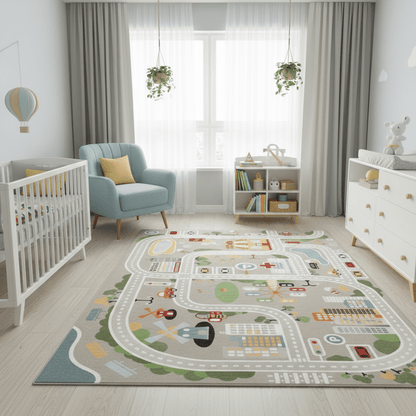 Tapis chambre d'enfant route de dessin animé gris