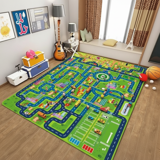 Tapis chambre d'enfant route de dessin animé vert pomme