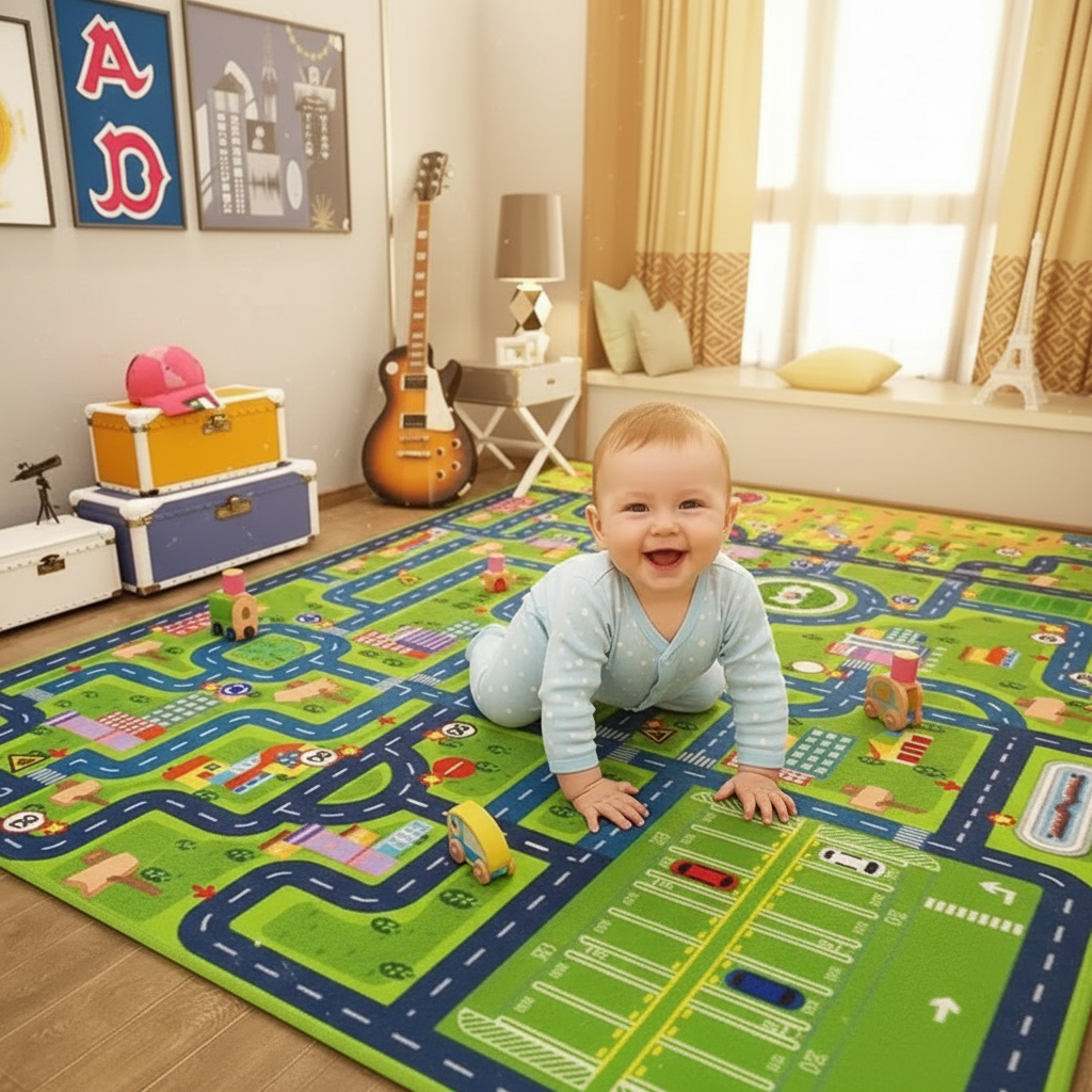 Tapis chambre d'enfant route de dessin animé vert pomme