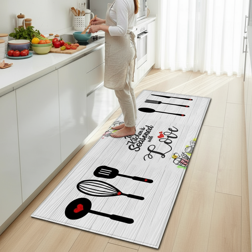 Tapis Cuisine Blanc Élégant - This Kitchen is Seasoned With Love pour un Espace Culinaires Confortable