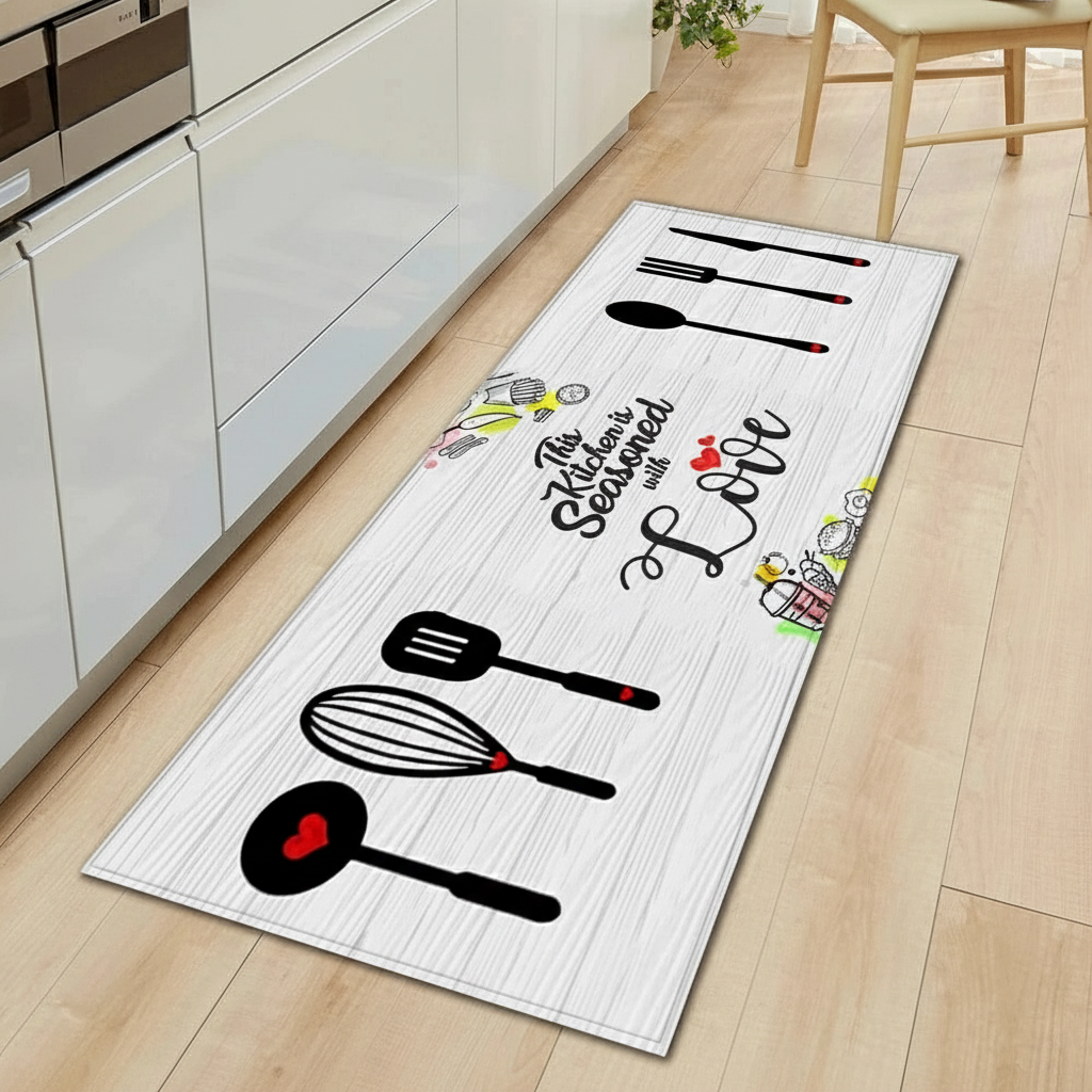 Tapis Cuisine Blanc Élégant - This Kitchen is Seasoned With Love pour un Espace Culinaires Confortable