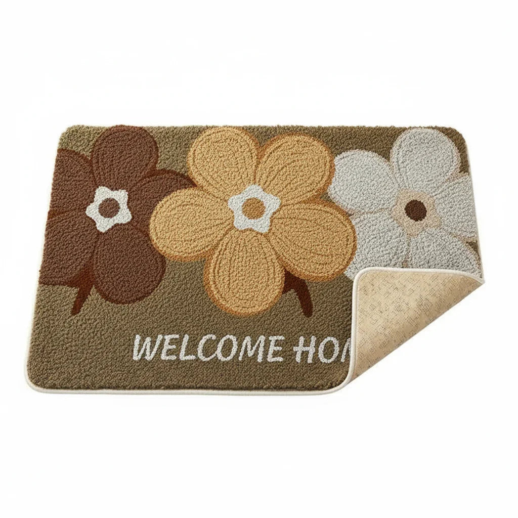 Tapis de bain antidérapant fleurs 3 motifs Maron