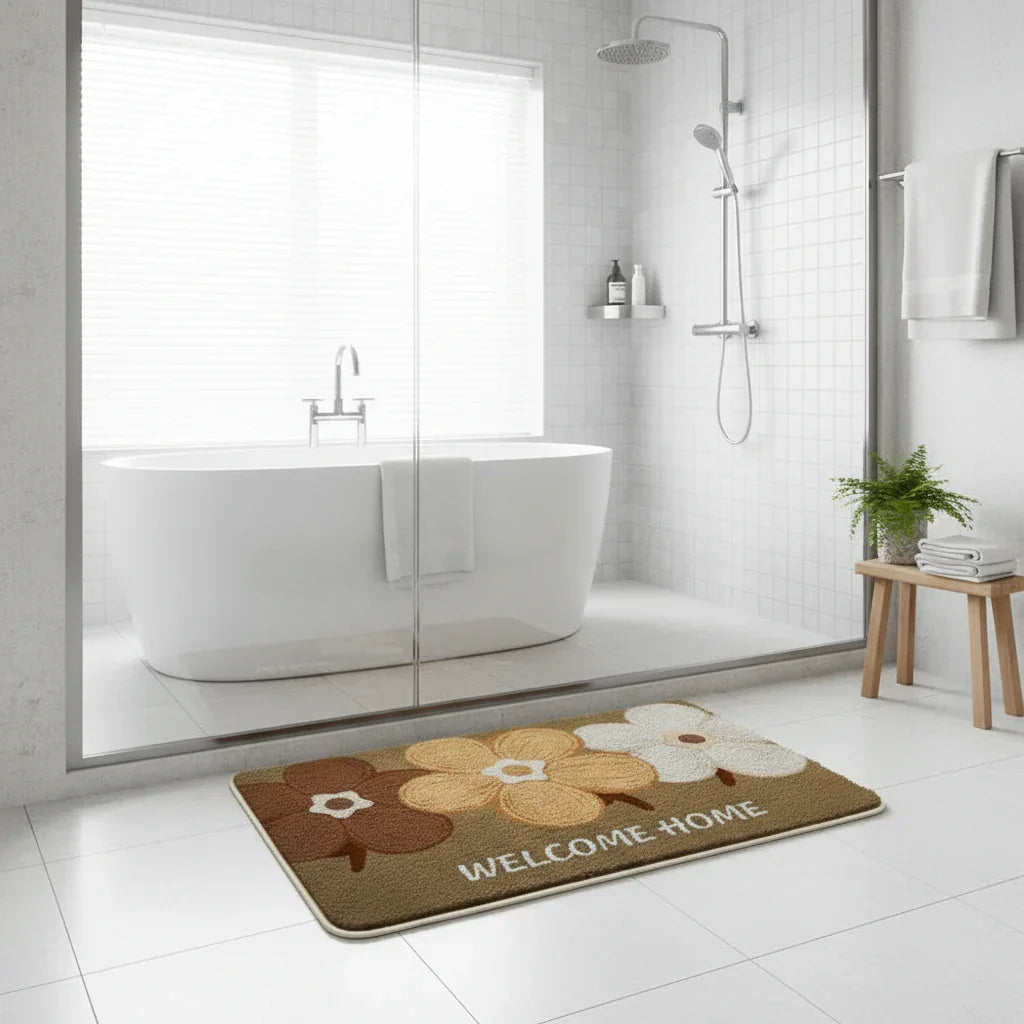 Tapis de bain antidérapant fleurs 3 motifs Maron