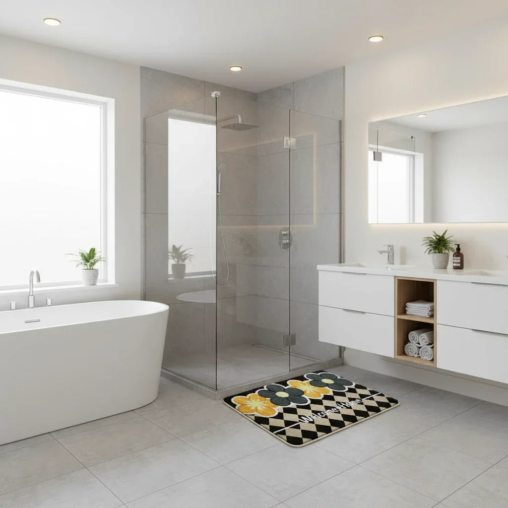 Tapis de bain antidérapant fleurs - Damier 4 Fleurs