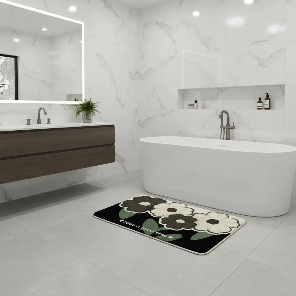 Tapis de bain antidérapant fleurs noir - Confort et sécurité pour votre salle de bain