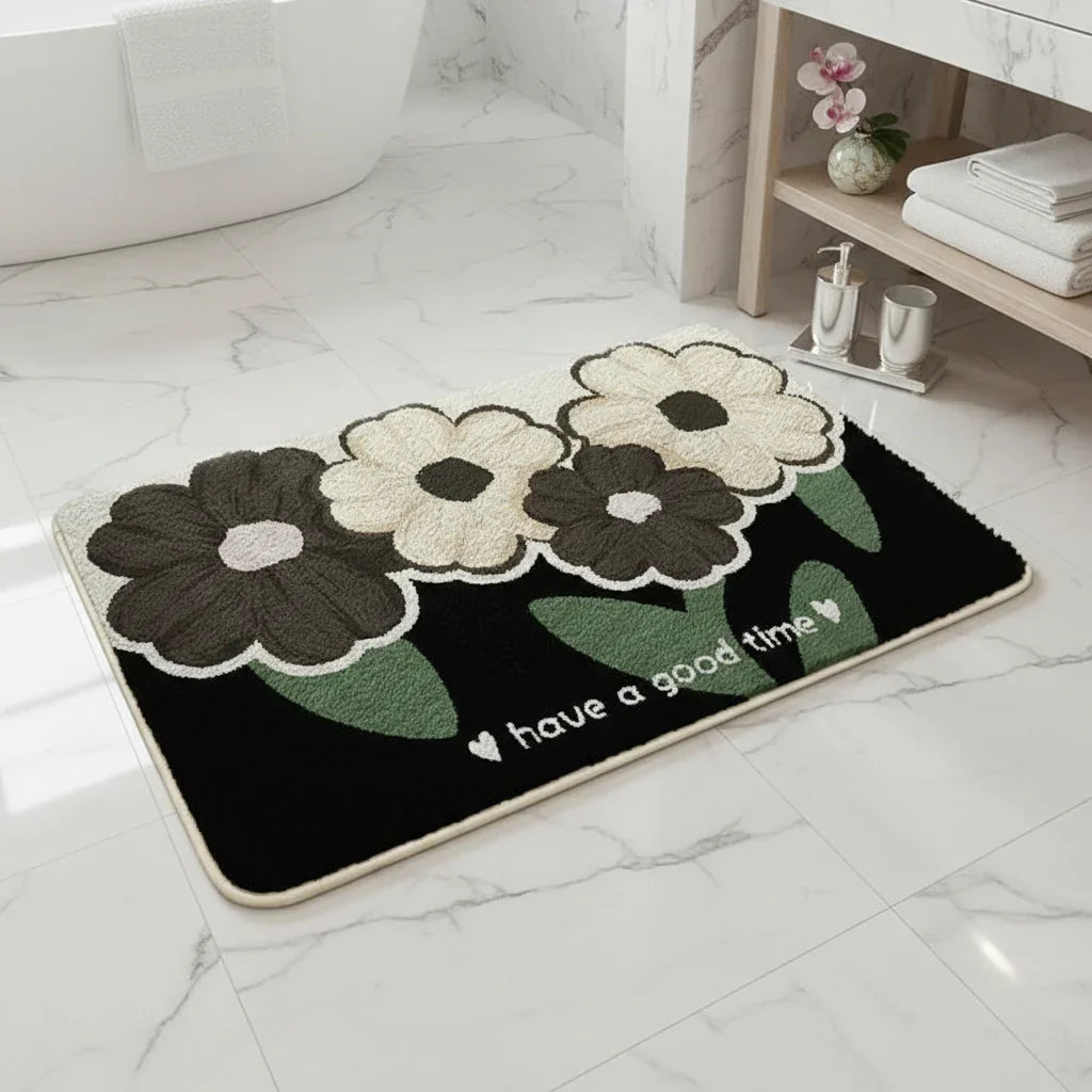 Tapis de bain antidérapant fleurs noir - Confort et sécurité pour votre salle de bain