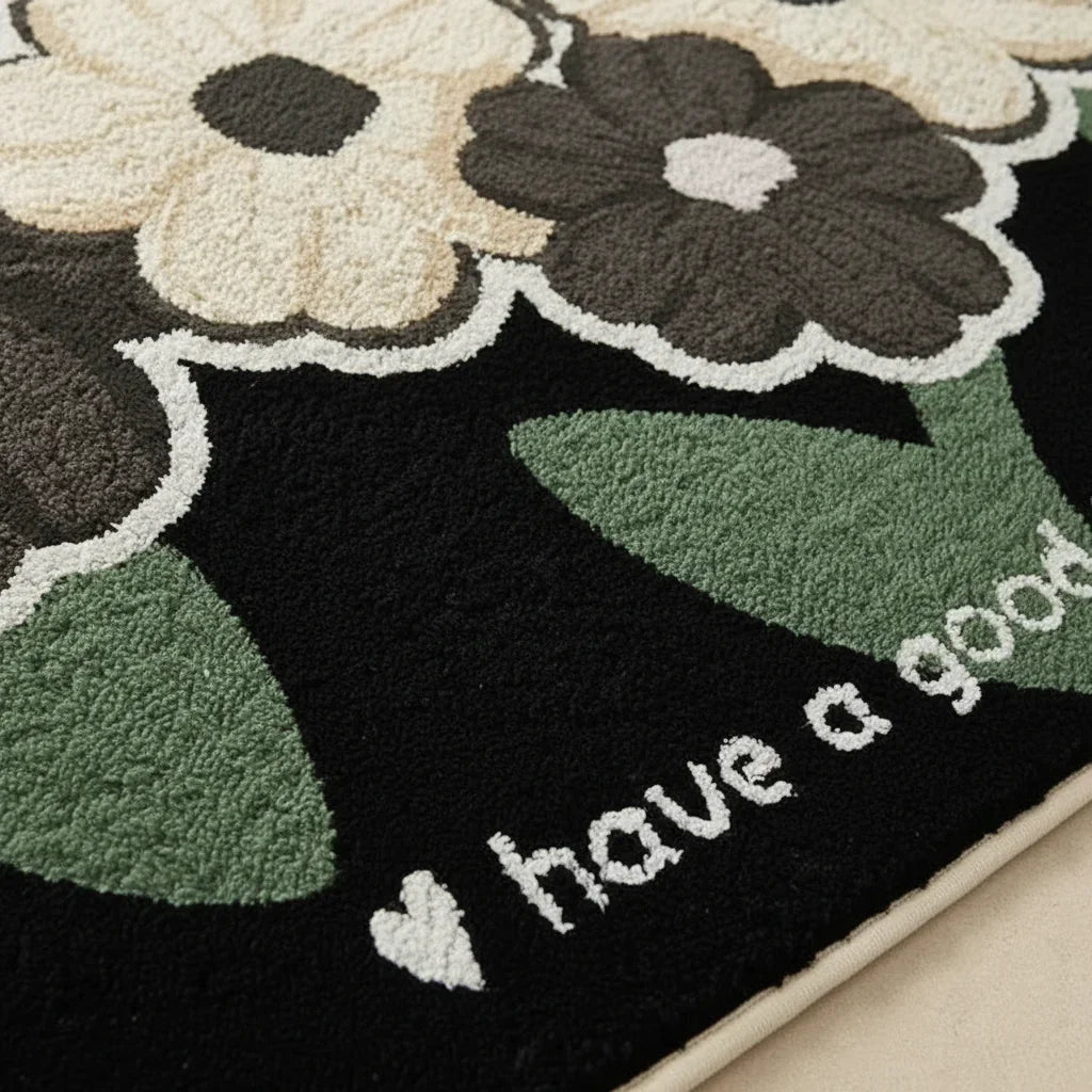 Tapis de bain antidérapant fleurs noir - Confort et sécurité pour votre salle de bain