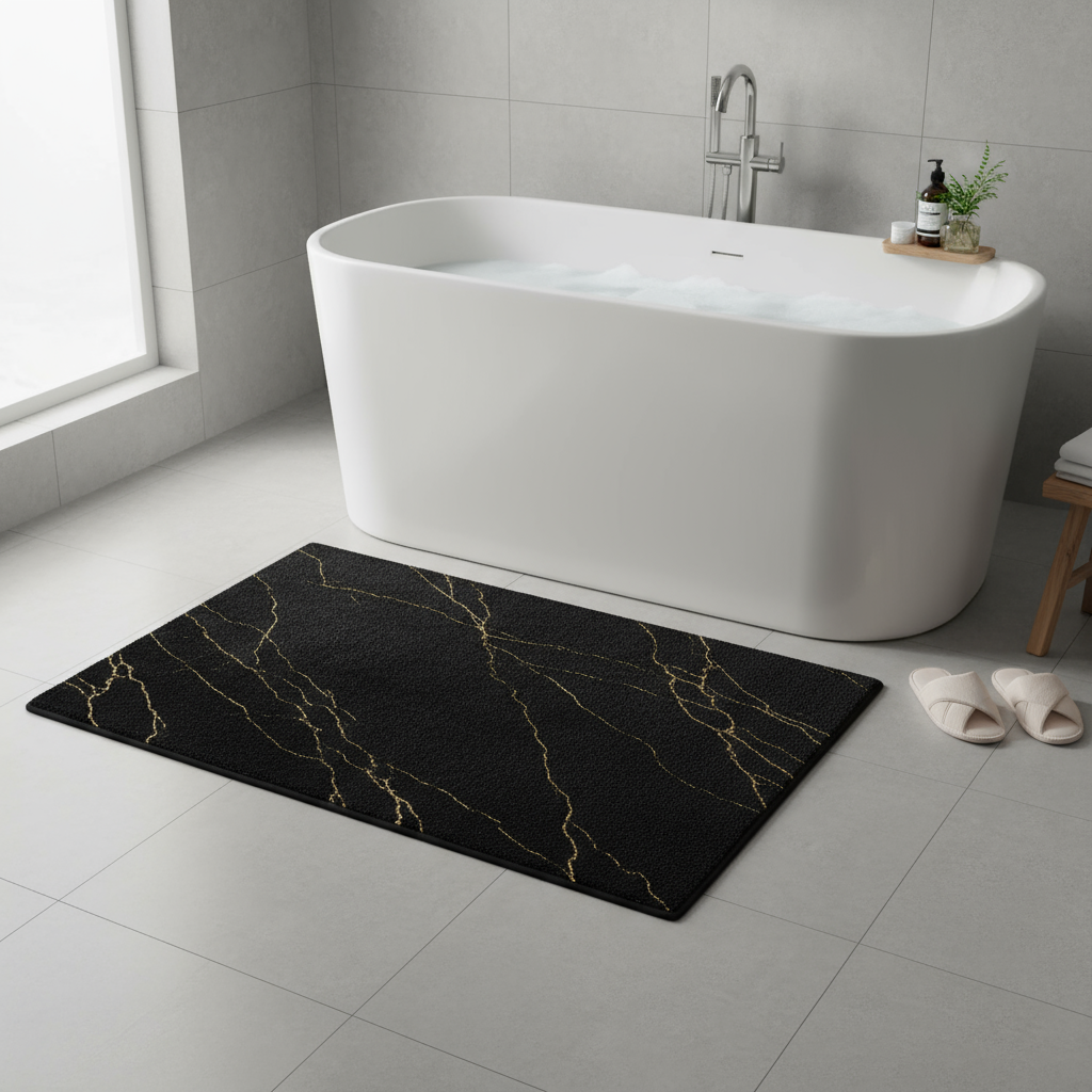 Tapis de bain antidérapant noir soyeux pour salle de bain