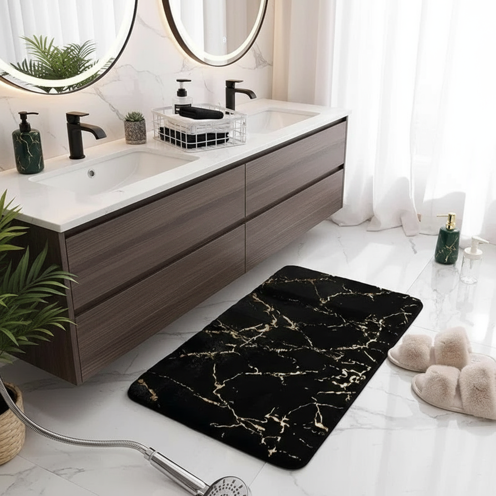 Tapis de bain antidérapant noir soyeux pour salle de bain