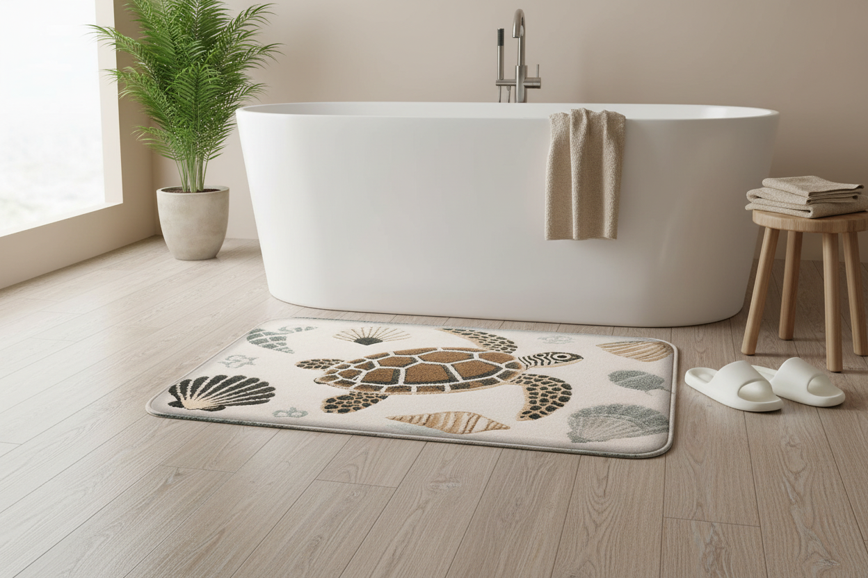 Tapis de bain tortue devant baignoire