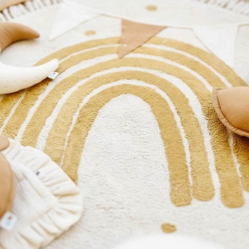 Tapis de chambre bébé arc-en-ciel dorée rond
