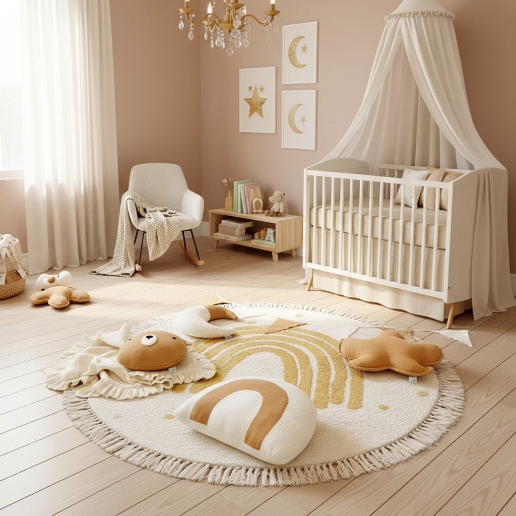 Tapis de chambre bébé arc-en-ciel dorée rond