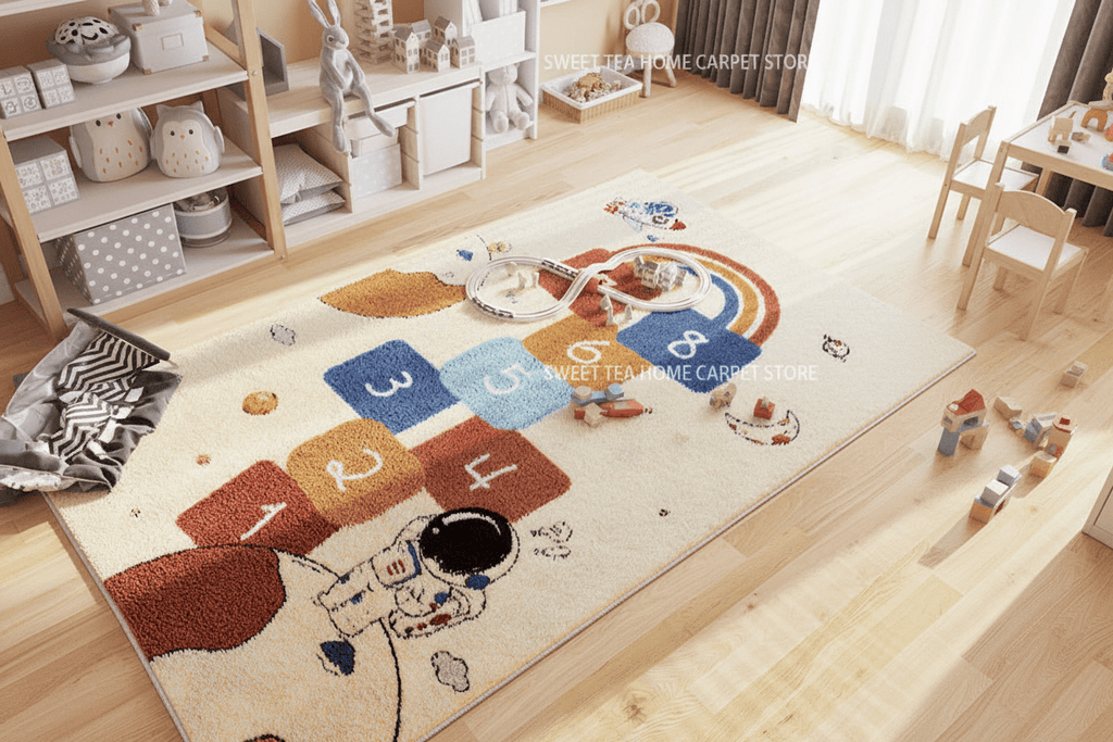 Tapis de chambre style marelle astronaute