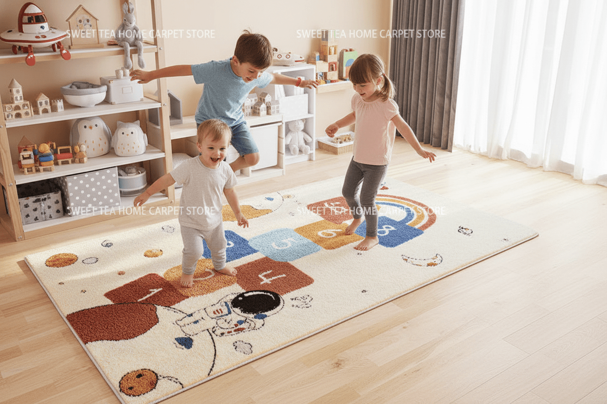 Tapis de chambre style marelle astronaute