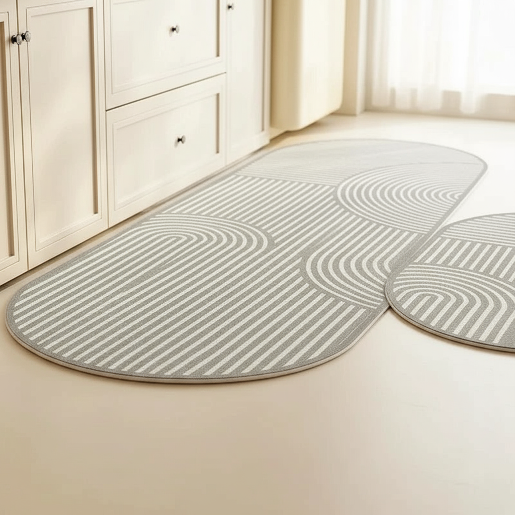 Tapis de cuisine antidérapant gris ovales à rayures – Double confort et sécurité