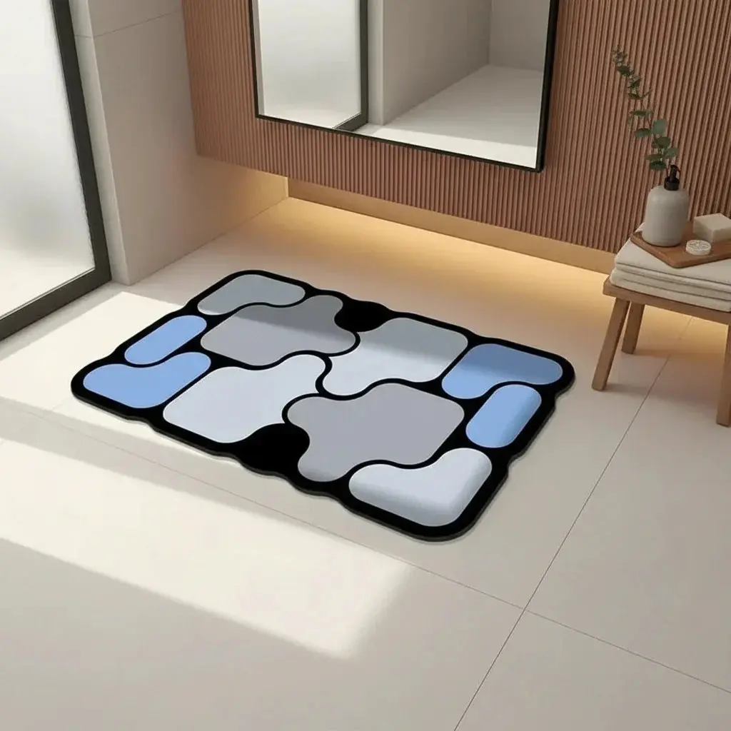Tapis de sol en diatomées bleu absorbant pour une salle de bain moderne