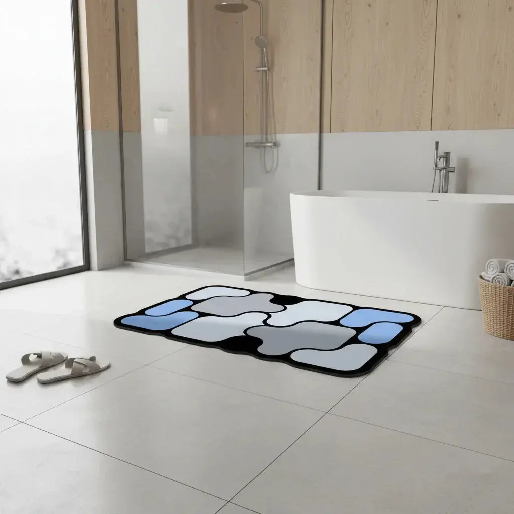 Tapis de sol en diatomées bleu absorbant pour une salle de bain moderne
