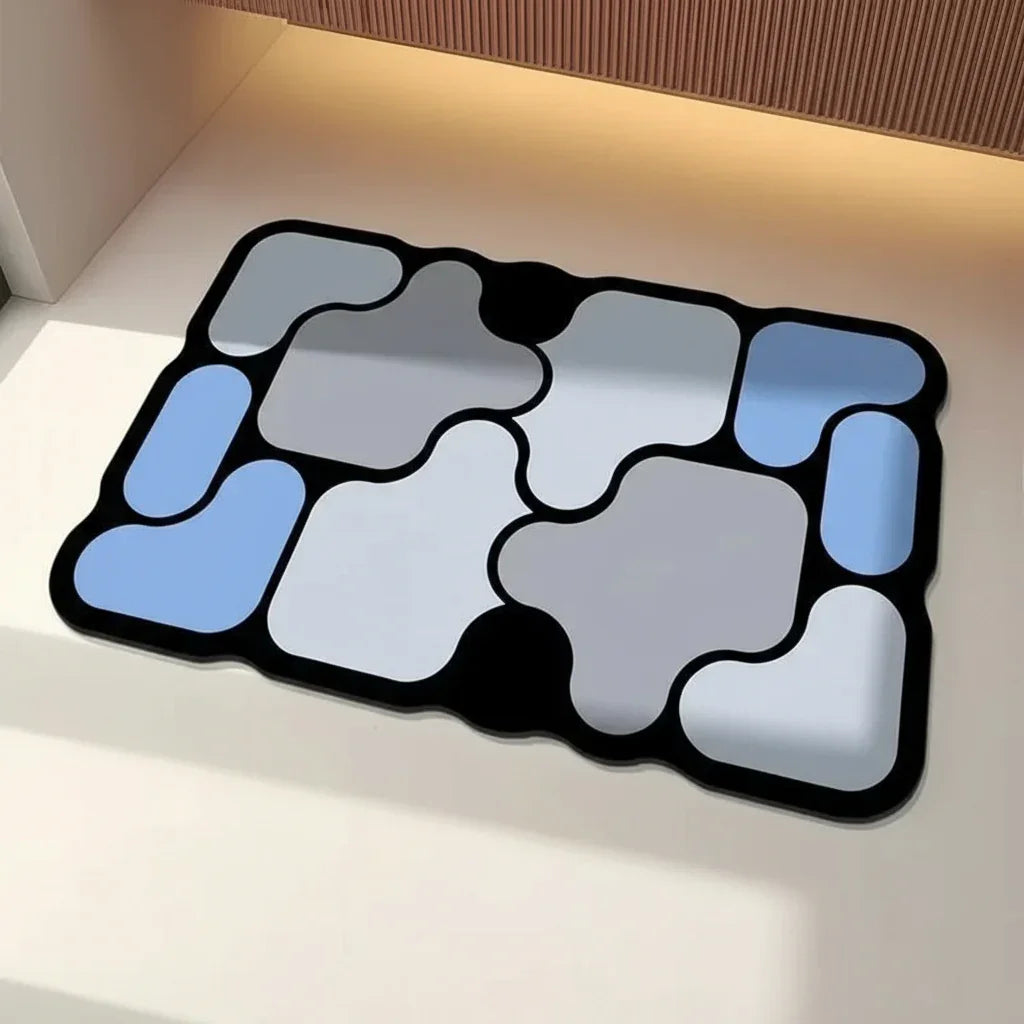 Tapis de sol en diatomées bleu absorbant pour une salle de bain moderne