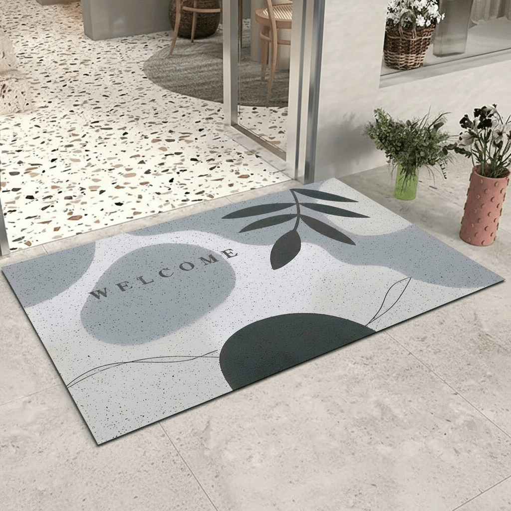 Tapis de sol gris à motif abstrait de feuilles