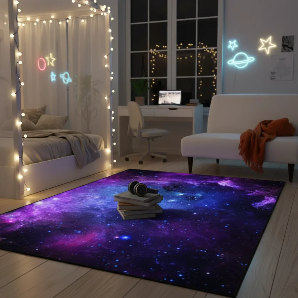 Tapis enfant nébuleuse violette pour une chambre magique