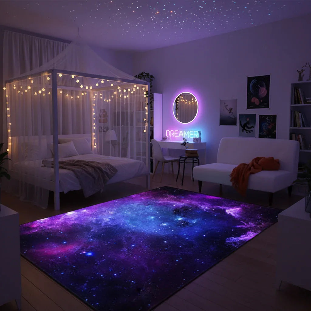 Tapis enfant nébuleuse violette pour une chambre magique